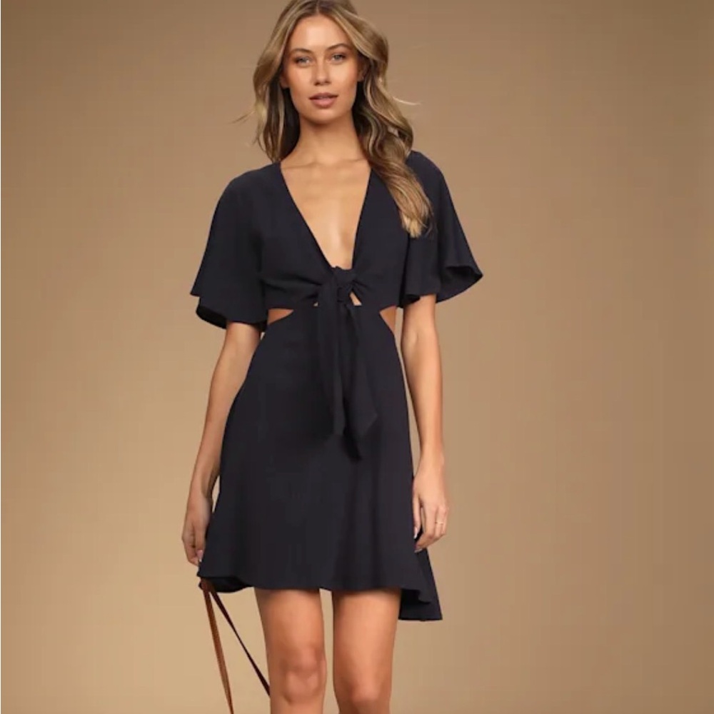 Lulu’s perfect day for love navy blue cut out tie front mini dress - Picture 3 of 6